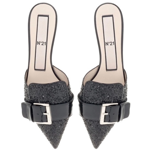 No. 21 women’s black glitter pointed buckle mules slides sandal size 35 US 5 - Picture 3 of 15